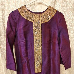 Maharani of India '60s dupioni silk Jackie O dress thick gold bullion embroidery